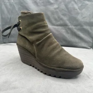 Fly London Yama Wedge Booties Women’s Size 38 Olive Green Suede