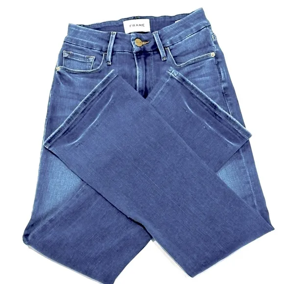 FRAME Jeans, Women’s Size 24, High Rise Blue Le Crop Mini Boot, Cascading Hem