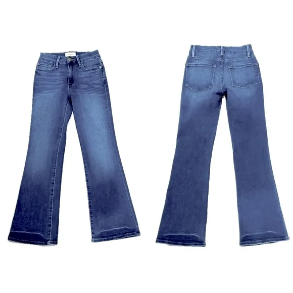FRAME Jeans, Women’s Size 24, High Rise Blue Le Crop Mini Boot, Cascading Hem