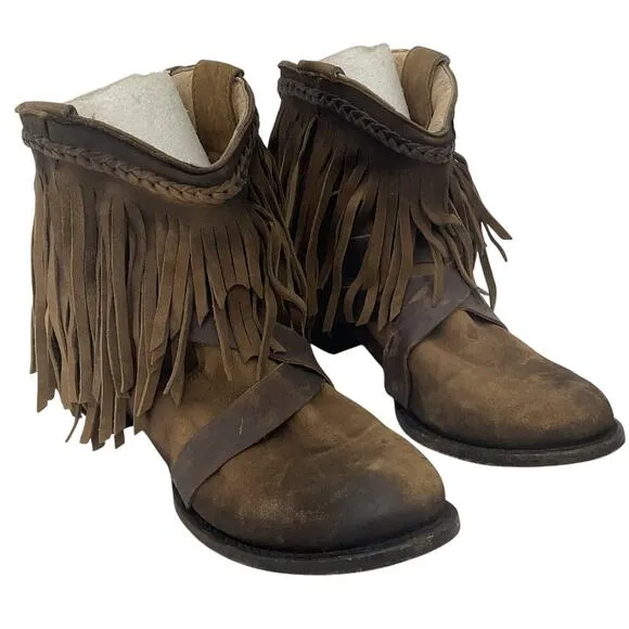 Freebird Dallas Fringe Brown Leather Western Bootie Women’s Size 8 Preowned