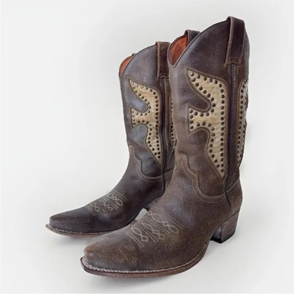 Frye Daisy Duke Brown Leather Studded Cowboy Western Boots Women’s Shoes Size 8