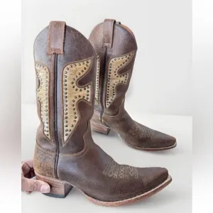 Frye Daisy Duke Brown Leather Studded Cowboy Western Boots Women’s Shoes Size 8