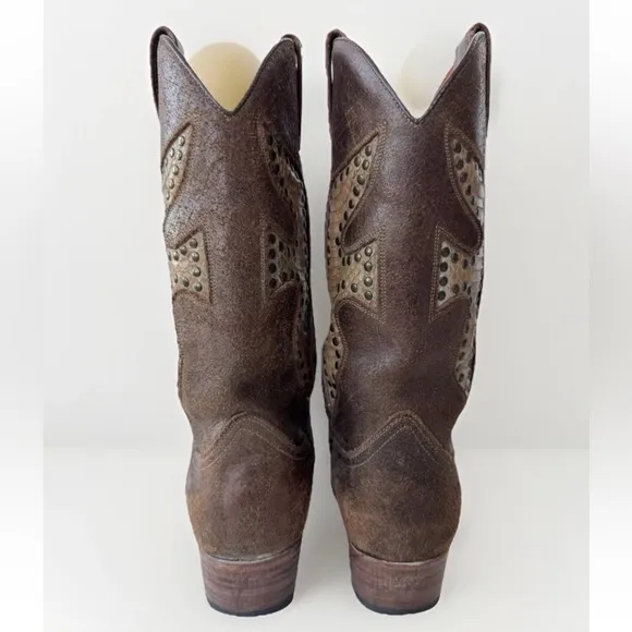 Frye Daisy Duke Brown Leather Studded Cowboy Western Boots Women’s Shoes Size 8