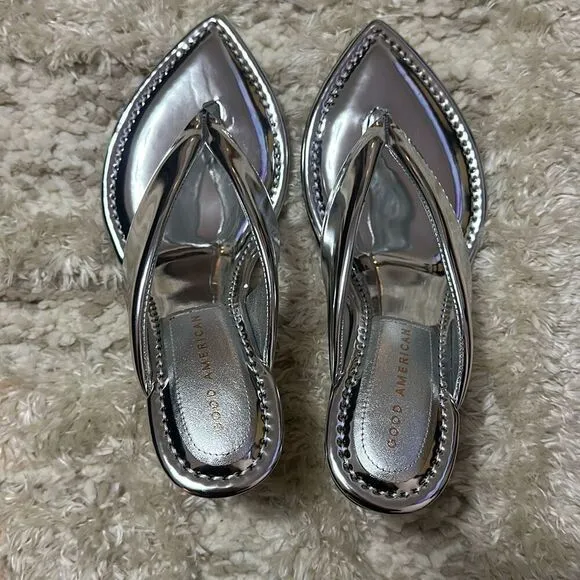Good American Wedge Sandal Silver Shoes Women’s 8.5 NWOB