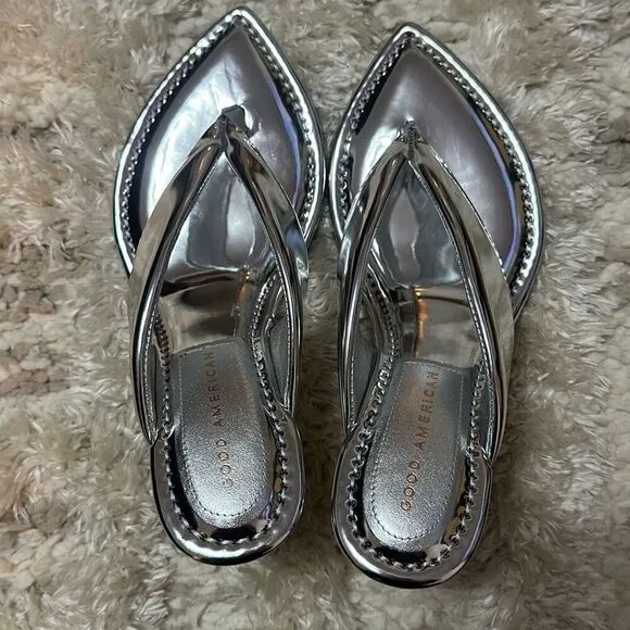 Good American Wedge Sandal Silver Shoes Women’s 8.5 NWOB