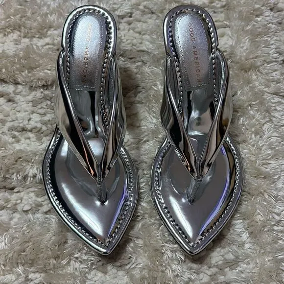 Good American Wedge Sandal Silver Shoes Women’s 8.5 NWOB