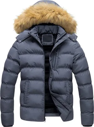 Grey Men's Puffer Jacket Hooded Fur