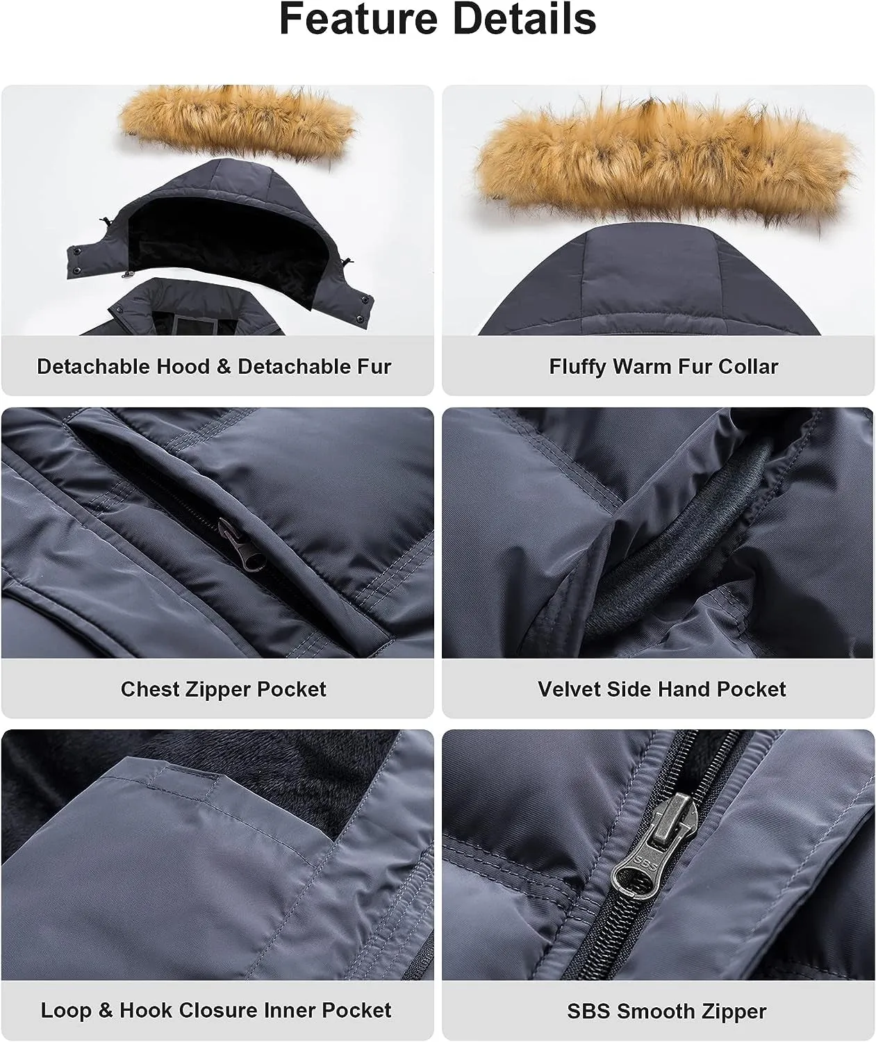 Grey Men's Puffer Jacket Hooded Fur