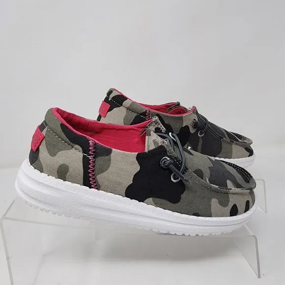 Hey Dude Loafers Kids 13 Green Camo Embroidered Logo Spell Out Wendy Shoes