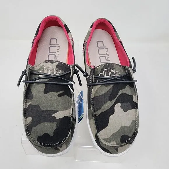 Hey Dude Loafers Kids 13 Green Camo Embroidered Logo Spell Out Wendy Shoes