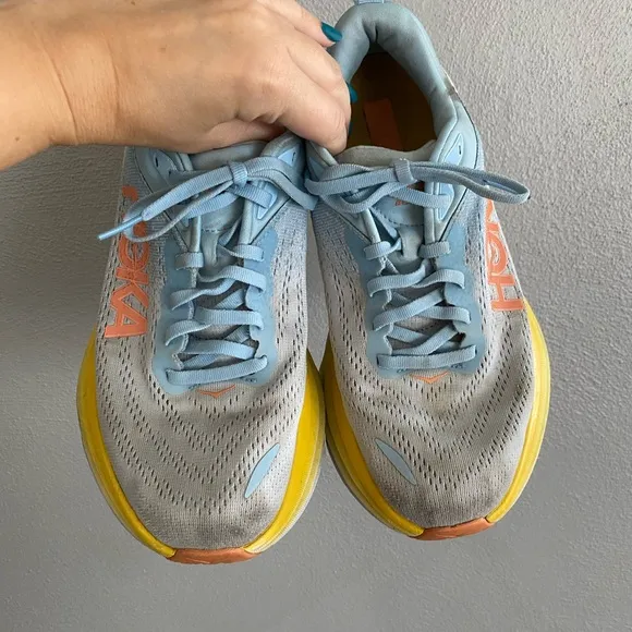 Hoka One One Bondi 8 Sneakers Women’s Size 8 Blue Yellow White Running Shoes