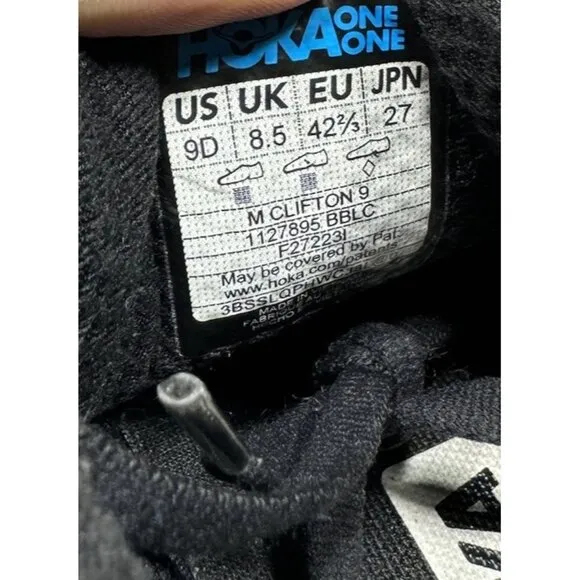 Hoka One One Clifton 9 1127895 BBLC Black Running Shoes Sneakers Men’s Size 9