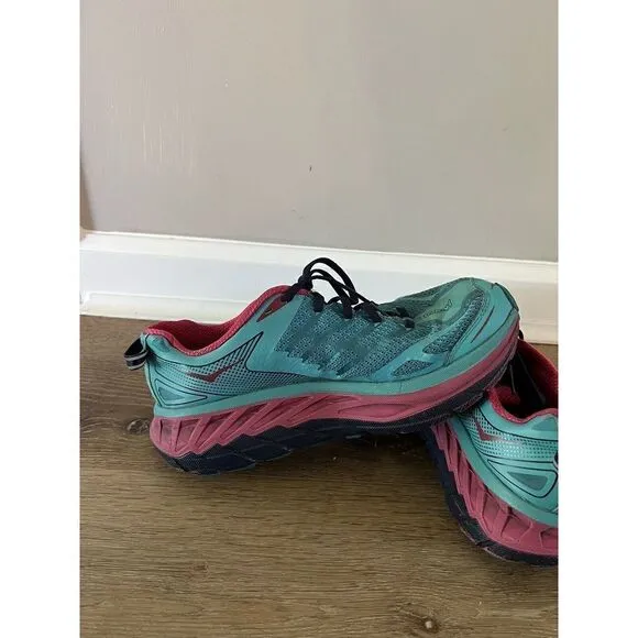 Hoka One One Stinson ATR 4 Blue Pink Trail Running Shoes Womens Size 7.5