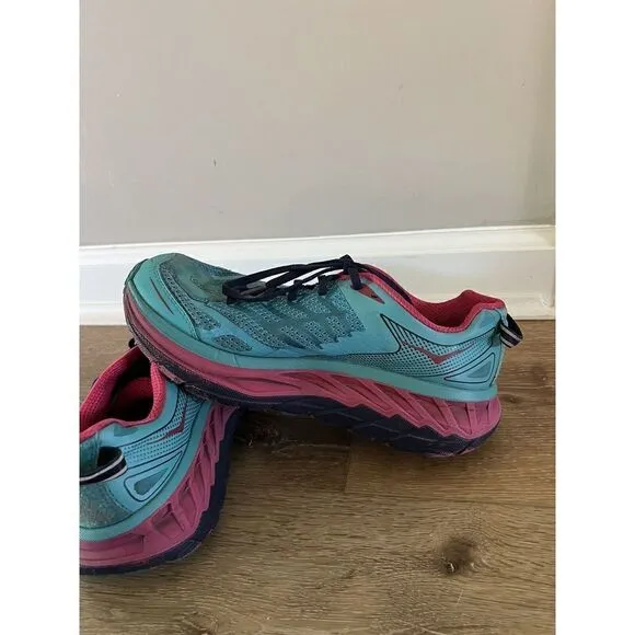 Hoka One One Stinson ATR 4 Blue Pink Trail Running Shoes Womens Size 7.5