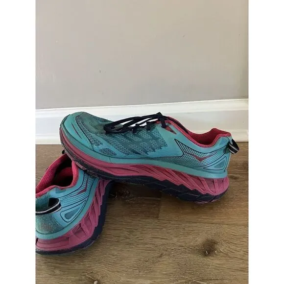 Hoka One One Stinson ATR 4 Blue Pink Trail Running Shoes Womens Size 7.5