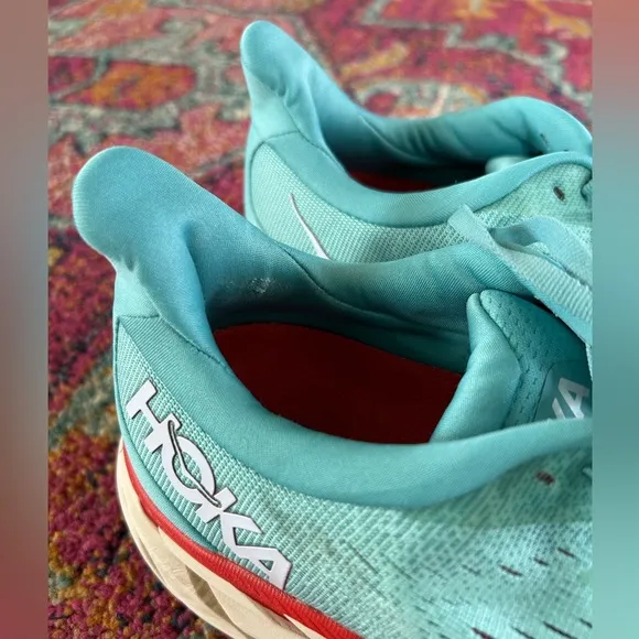 Hoka | Women's Blue/Red Clifton 8 ‘Aquarelle’ Running Shoe, lace up sneakers 9.5