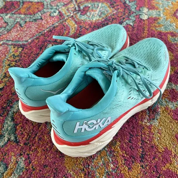 Hoka | Women's Blue/Red Clifton 8 ‘Aquarelle’ Running Shoe, lace up sneakers 9.5