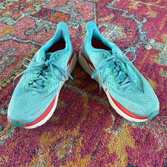 Hoka | Women's Blue/Red Clifton 8 ‘Aquarelle’ Running Shoe, lace up sneakers 9.5