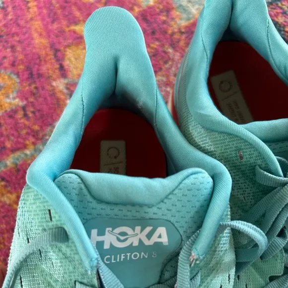 Hoka | Women's Blue/Red Clifton 8 ‘Aquarelle’ Running Shoe, lace up sneakers 9.5
