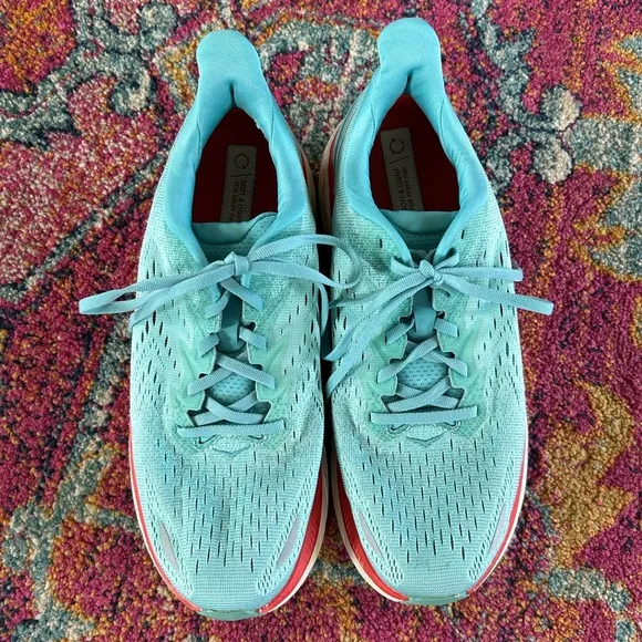 Hoka | Women's Blue/Red Clifton 8 ‘Aquarelle’ Running Shoe, lace up sneakers 9.5