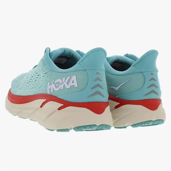Hoka | Women's Blue/Red Clifton 8 ‘Aquarelle’ Running Shoe, lace up sneakers 9.5
