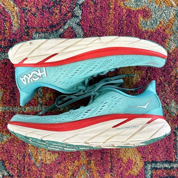 Hoka | Women's Blue/Red Clifton 8 ‘Aquarelle’ Running Shoe, lace up sneakers 9.5