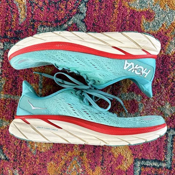 Hoka | Women's Blue/Red Clifton 8 ‘Aquarelle’ Running Shoe, lace up sneakers 9.5