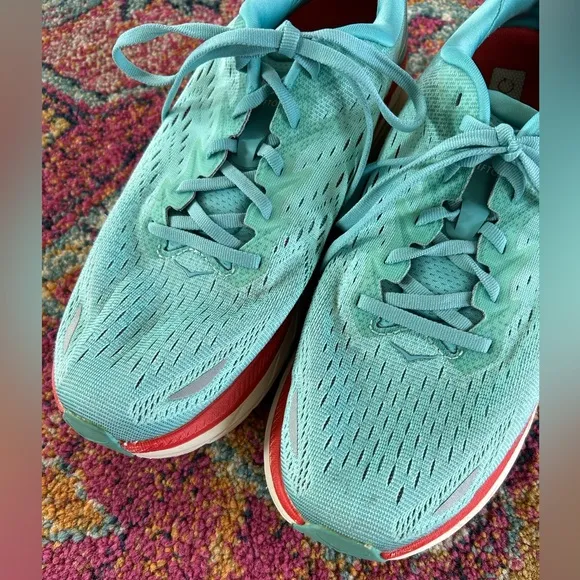 Hoka | Women's Blue/Red Clifton 8 ‘Aquarelle’ Running Shoe, lace up sneakers 9.5