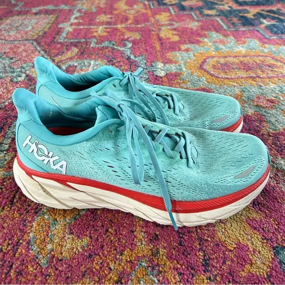 Hoka | Women's Blue/Red Clifton 8 ‘Aquarelle’ Running Shoe, lace up sneakers 9.5