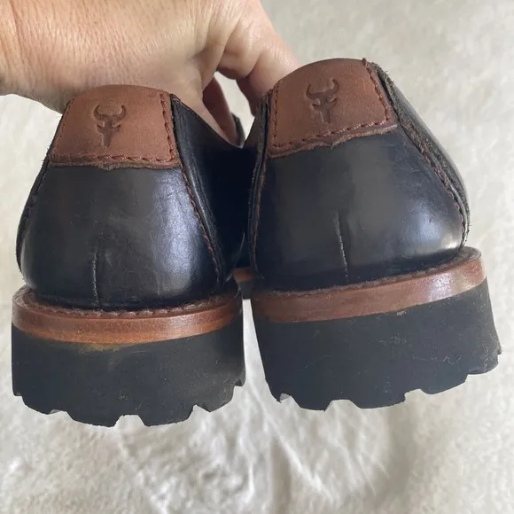 HS Trask Gallatin 2.0 Men's 9.5M Black Leather Oxford Brown Trim Tie Shoes Work‎