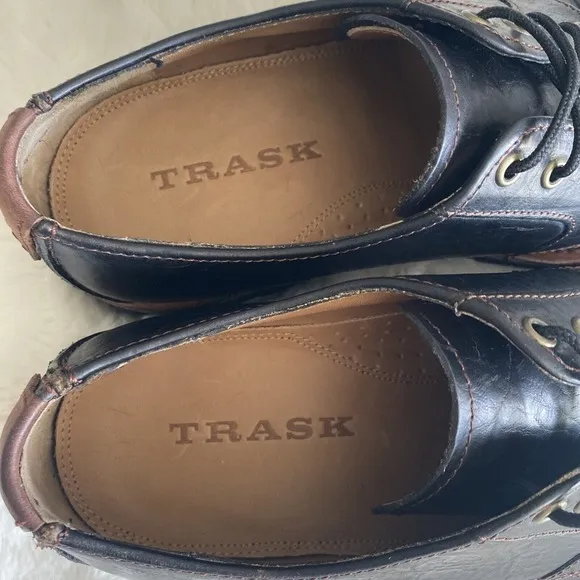 HS Trask Gallatin 2.0 Men's 9.5M Black Leather Oxford Brown Trim Tie Shoes Work‎