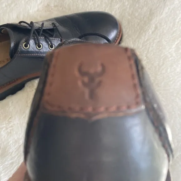 HS Trask Gallatin 2.0 Men's 9.5M Black Leather Oxford Brown Trim Tie Shoes Work‎