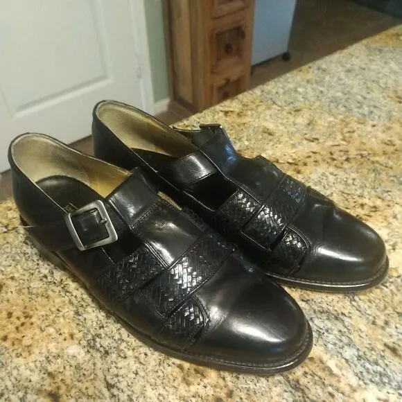 J&amp;M Johnson Murphy Black Leather Woven Silver Buckle Men’s Shoes Size 12 M