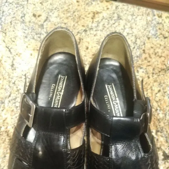 J&amp;M Johnson Murphy Black Leather Woven Silver Buckle Men’s Shoes Size 12 M