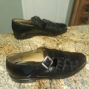 J&amp;M Johnson Murphy Black Leather Woven Silver Buckle Men’s Shoes Size 12 M
