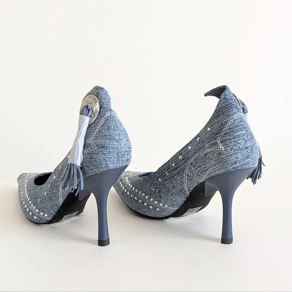 Jeffrey Campbell Yee Haw Heels Blue Acid Wash Denim Studs Rhinestones - sz 8½