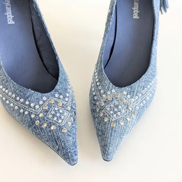 Jeffrey Campbell Yee Haw Heels Blue Acid Wash Denim Studs Rhinestones - sz 8½