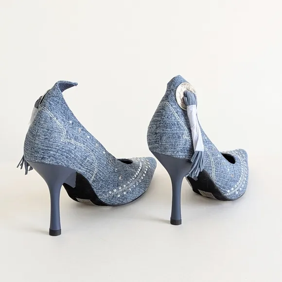 Jeffrey Campbell Yee Haw Heels Blue Acid Wash Denim Studs Rhinestones - sz 8½