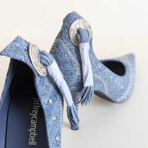 Jeffrey Campbell Yee Haw Heels Blue Acid Wash Denim Studs Rhinestones - sz 8½
