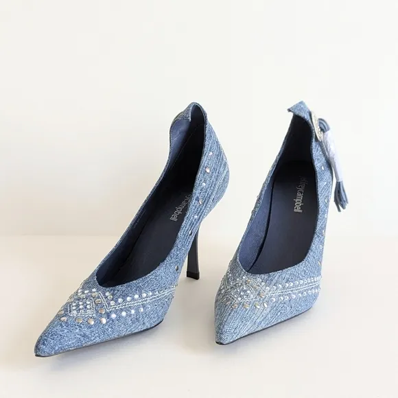 Jeffrey Campbell Yee Haw Heels Blue Acid Wash Denim Studs Rhinestones - sz 8½