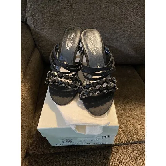 Jen &amp; Kim Blissful Black Silk Slide W/Rhinestones 7 1/2‎ Women’s Shoe new