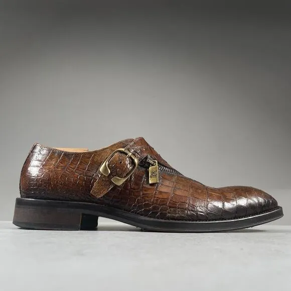 Jo Ghost Men’s EU 41 US 8 Brown Croc Embossed Monk Strap Zipper Dress Shoes EUC