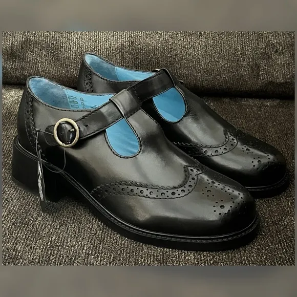 Joanie Women’s Grenoble Leather T-Bar Brogues Shoes Black Color Size-9