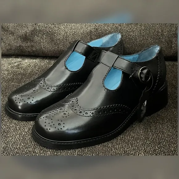 Joanie Women’s Grenoble Leather T-Bar Brogues Shoes Black Color Size-9