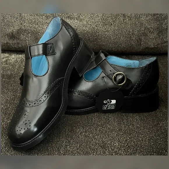 Joanie Women’s Grenoble Leather T-Bar Brogues Shoes Black Color Size-9