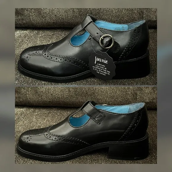 Joanie Women’s Grenoble Leather T-Bar Brogues Shoes Black Color Size-9