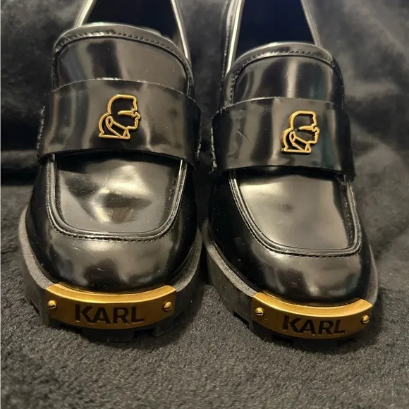 Karl Lagerfeld Black and Gold Heels with Luxe Metallic Accents