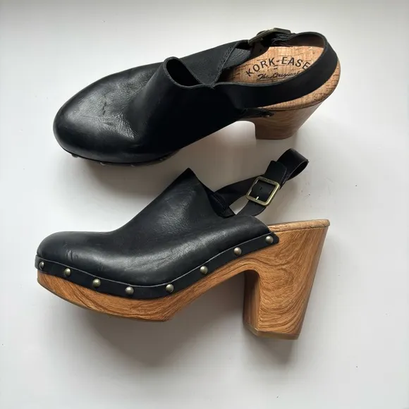 KORK-EASE Darby Clog Leather Slingback BlackWedge Sz 10M