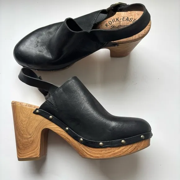 KORK-EASE Darby Clog Leather Slingback BlackWedge Sz 10M