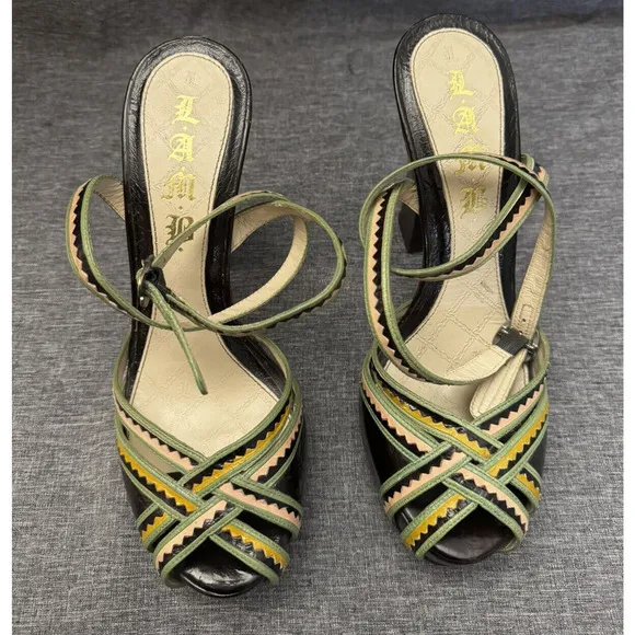L.A.M.B by Gwen Stefani Heels Ankle Strap Leather Multi Color Shoes Women’s 8M